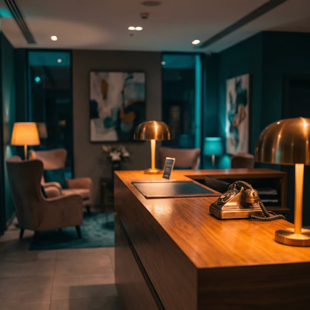 Nordisk boutique-hotell — lobby med varmt lys og rolig atmosfære