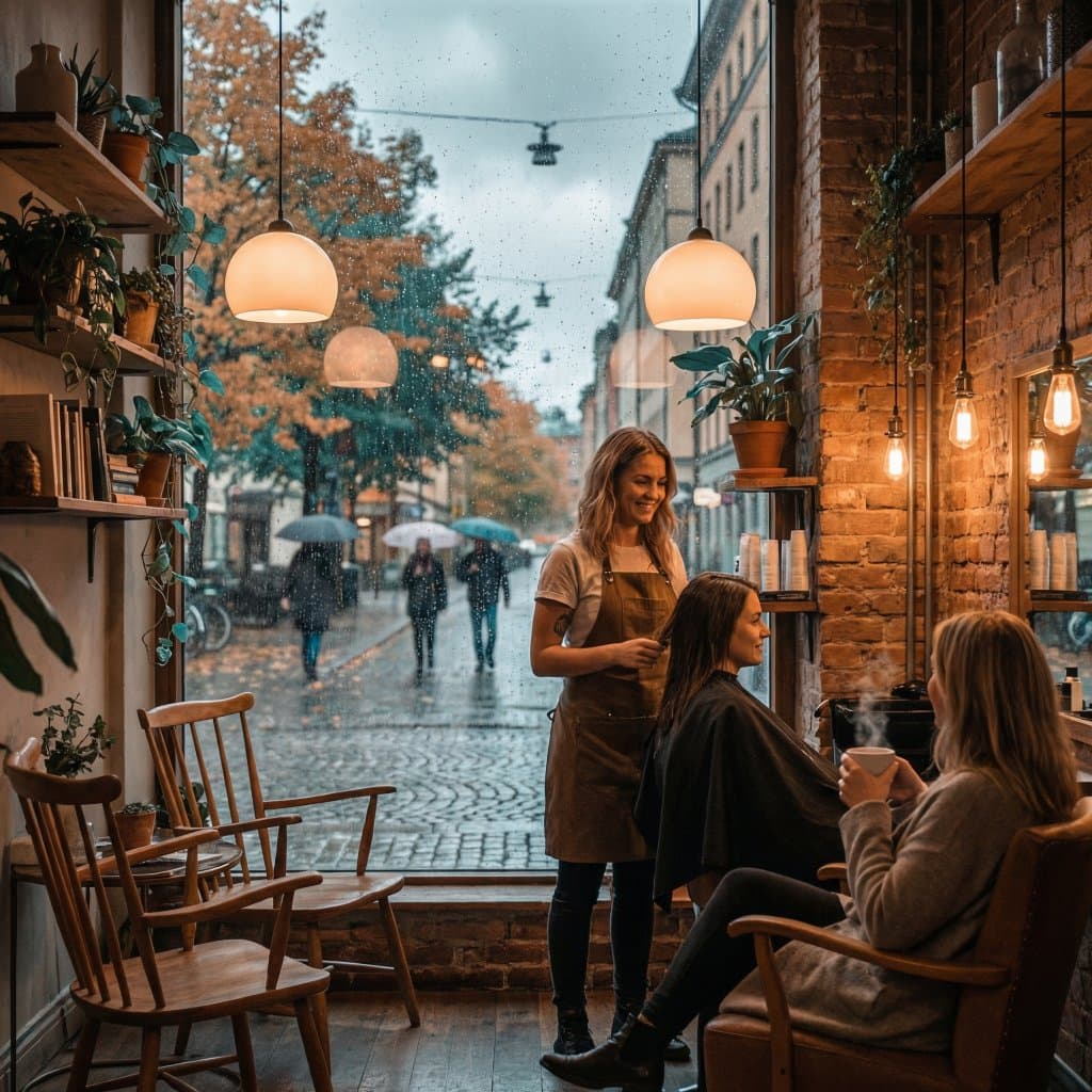 Scandinavian hair salon with warm natural lighting