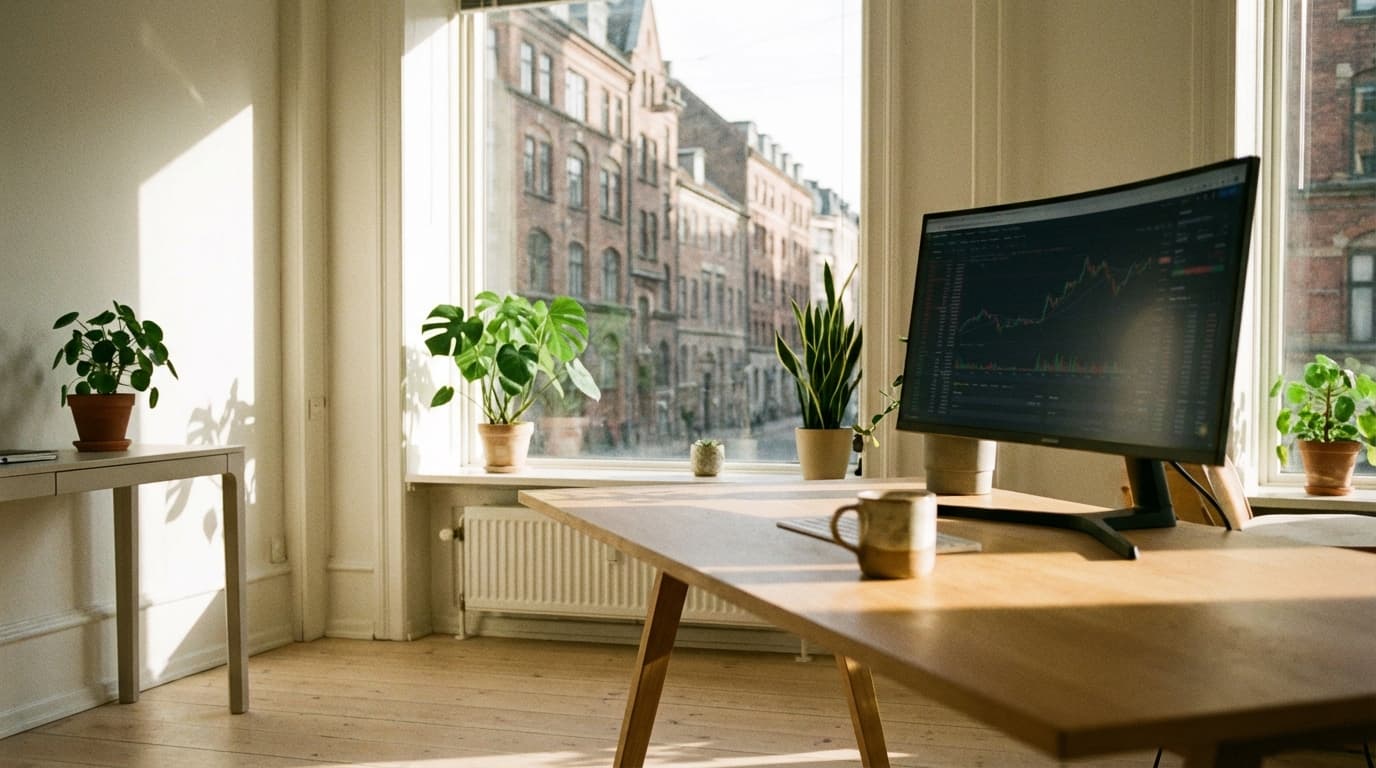 Nordic accounting office with afternoon light and city view