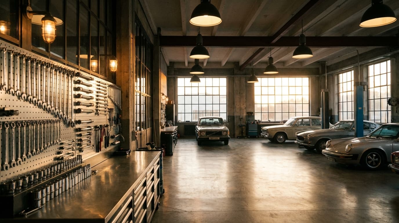 Professional auto repair workshop at golden hour with organized tool wall