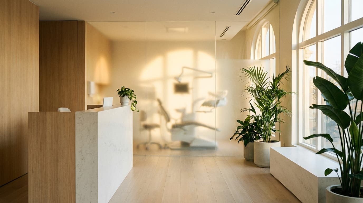 Modern bright dental clinic reception with warm natural light