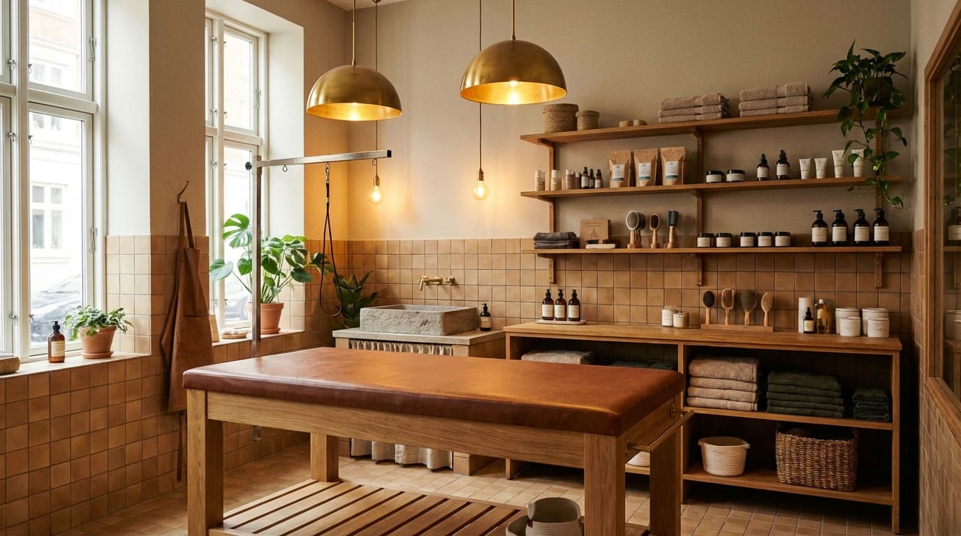Cozy Nordic pet grooming salon with warm pendant lights