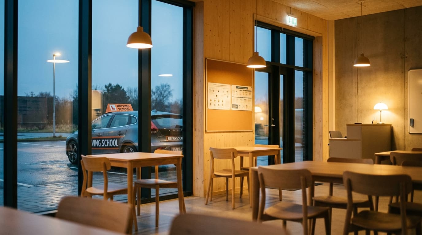 Moderne trafikkskolelokale med skandinavisk minimalistisk interiør