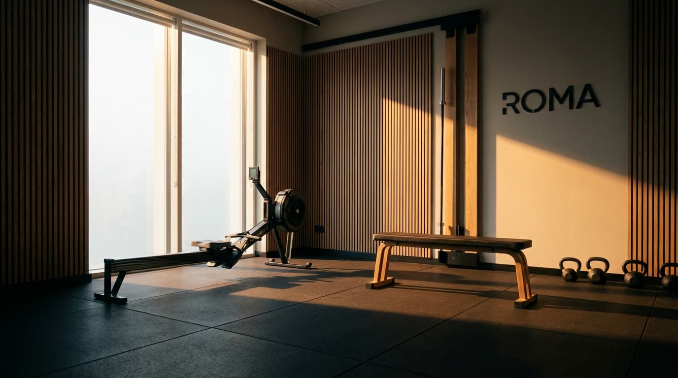 Modern Nordic fitness studio with warm wood accents and morning light