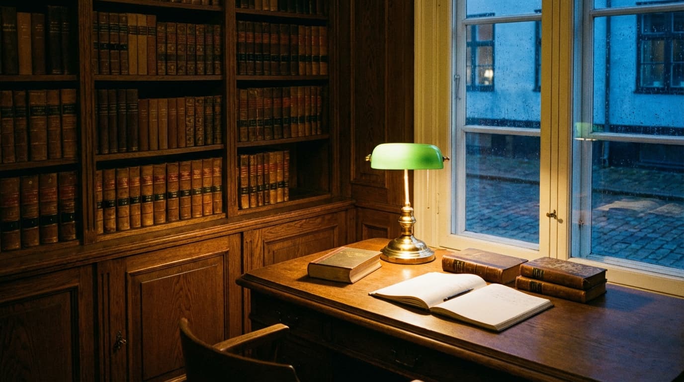 Elegant Scandinavian law office with dark wood bookshelf and brass lamp