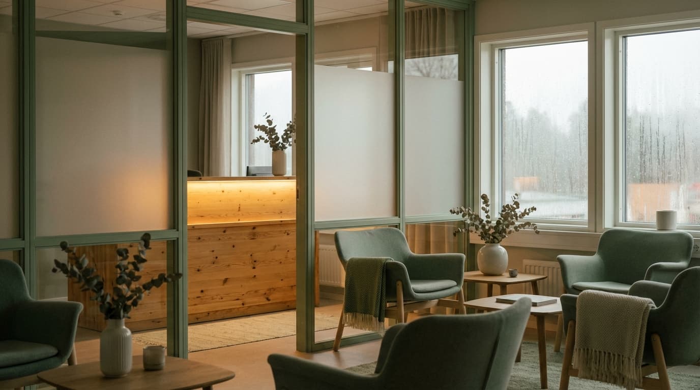 Nordic medical clinic waiting room with warm wood reception desk