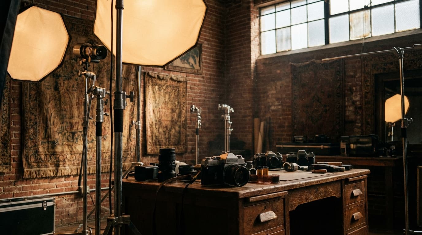 Creative photography studio with softbox lights and exposed brick