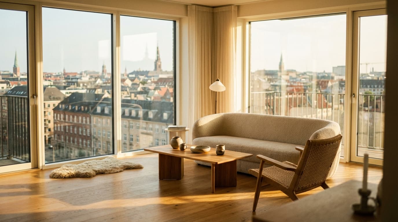Bright Nordic apartment with floor-to-ceiling windows and morning light