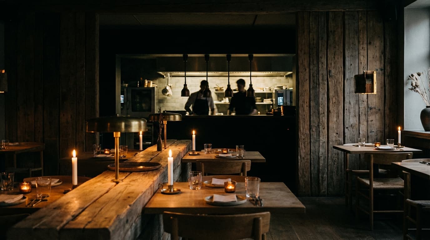 Moody Scandinavian restaurant interior at dusk with candlelit tables