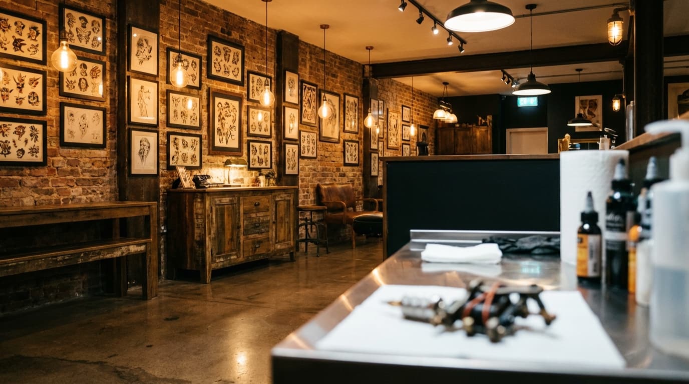 Artistic tattoo studio with warm industrial aesthetic and exposed brick