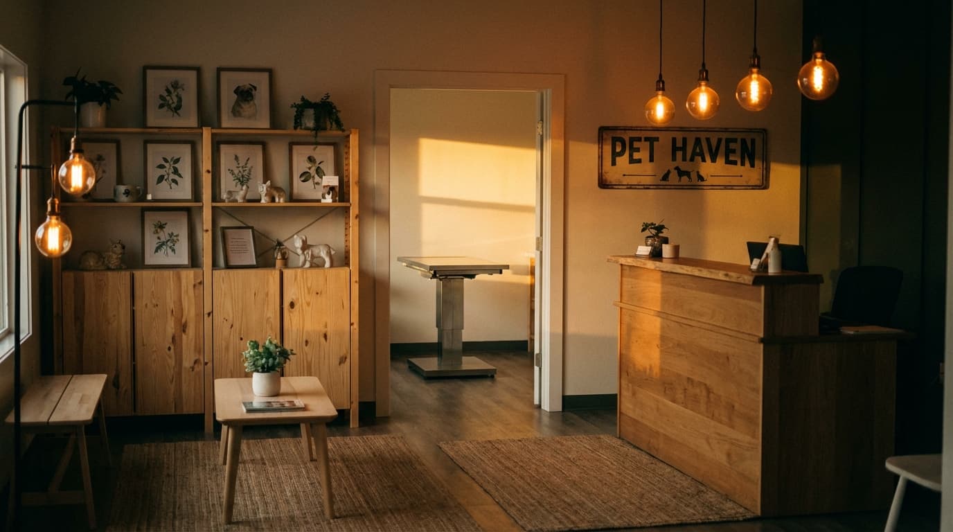 Warm veterinary clinic reception area at golden hour with Edison bulb lighting