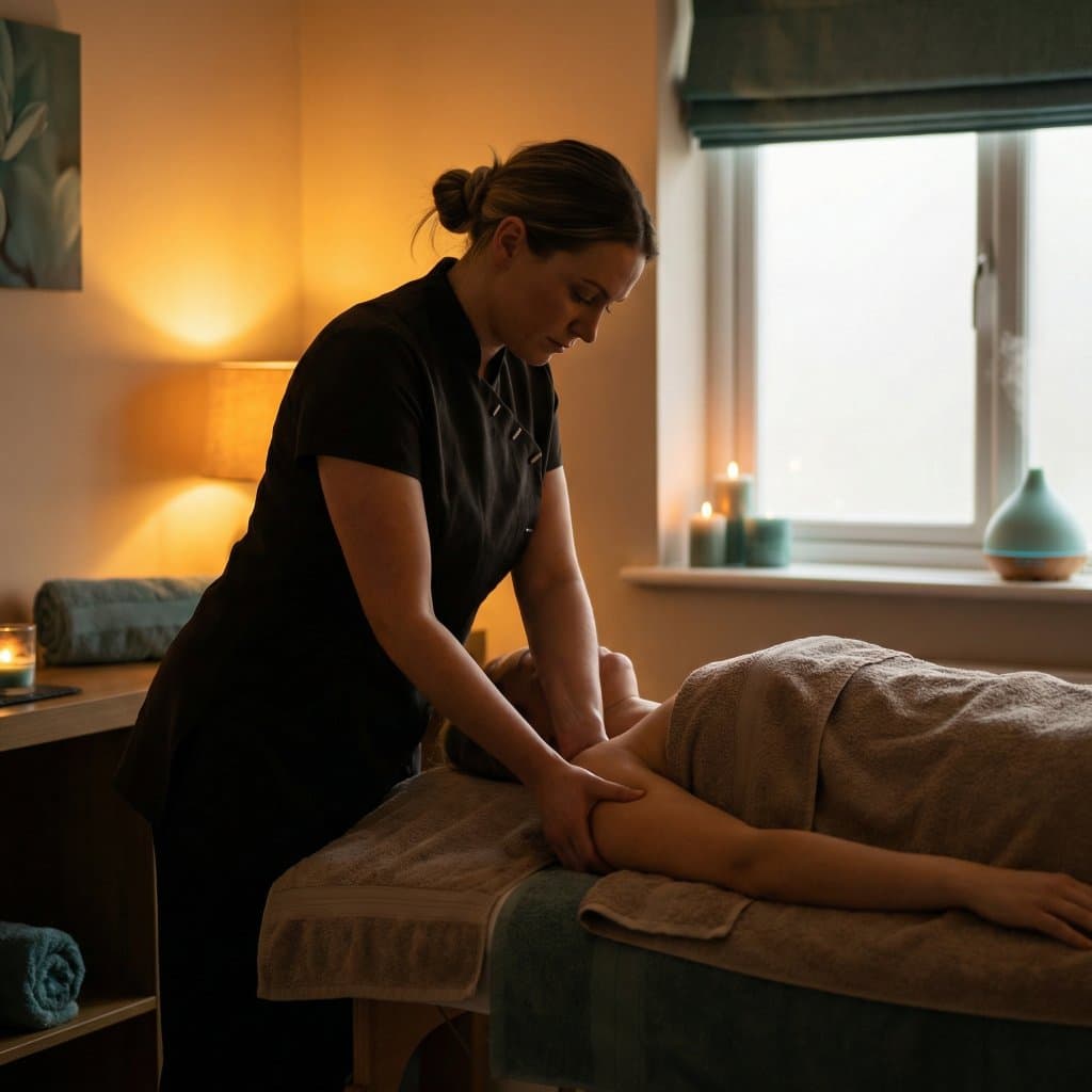 Serene massage therapy studio with warm lighting