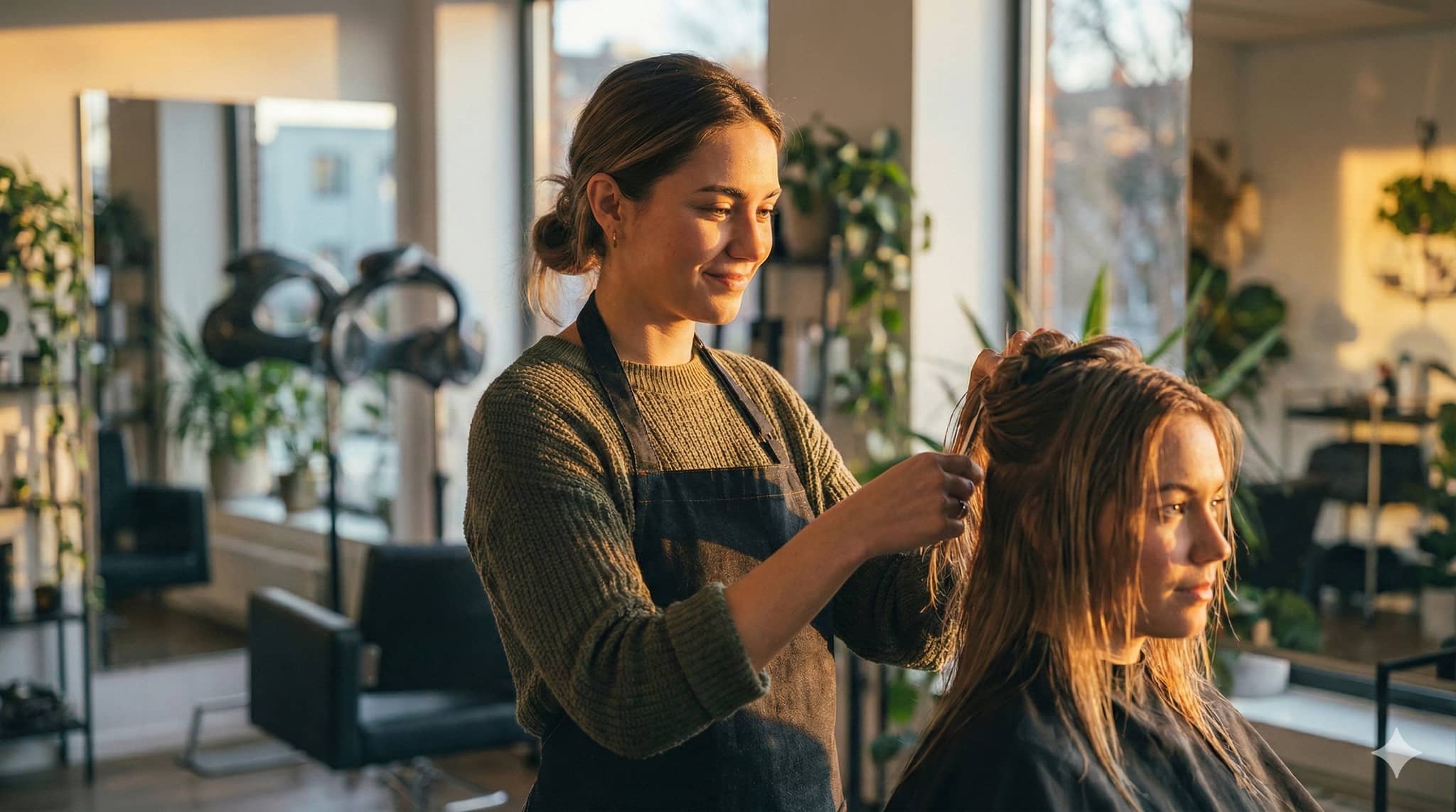 Hair stylist focused on her craft with a client
